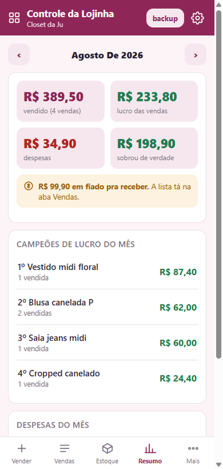 Resumo do mês com vendido, lucro, despesas e o que sobrou
